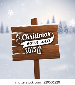 Winter Background. Blurred Landscape with Snow Drifts, Snowfall and Christmas Trees in the distance. Holiday Vector Illustration with Snowflakes, Sky and Xmas Label. Wooden Plaque with Christmas Label