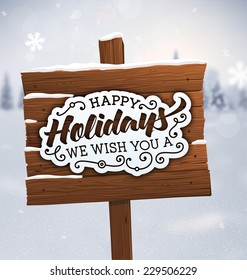 Winter Background. Blurred Landscape with Snow Drifts, Snowfall and Christmas Trees in the distance. Holiday Vector Illustration with Snowflakes, Sky and Xmas Label. Wooden Plaque with Christmas Label