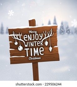 Winter Background. Blurred Landscape with Snow Drifts, Snowfall and Christmas Trees in the distance. Holiday Vector Illustration with Snowflakes, Sky and Xmas Label. Wooden Plaque with Christmas Label