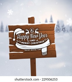 Winter Background. Blurred Landscape with Snow Drifts, Snowfall and Christmas Trees in the distance. Holiday Vector Illustration with Snowflakes, Sky and Xmas Label. Wooden Plaque with Christmas Label