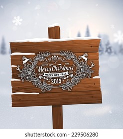 Winter Background. Blurred Landscape with Snow Drifts, Snowfall and Christmas Trees in the distance. Holiday Vector Illustration with Snowflakes, Sky and Xmas Label. Wooden Plaque with Christmas Label