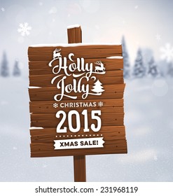 Winter Background. Blurred Landscape with Snow Drifts, Snowfall and Christmas Trees in the distance. Holiday Vector Illustration with Snowflakes, Sky and Xmas Label. Wooden Plaque with Christmas Label
