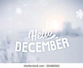 Winterhintergrund. Unverwöhnte Landschaft mit Schneetrieben, Schneefall und Weihnachtsbäumen in der Ferne. Urlaubserfahrung Vektorgrafik mit Schneeflocken, Himmel und Label.