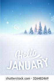 Winter Background. Blurred Landscape with Snow Drifts, Snowfall and Christmas Trees in the distance. Holiday Vector Illustration with Snowflakes, Sky and Label.