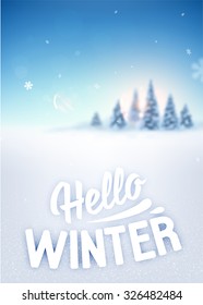 Winter Background. Blurred Landscape with Snow Drifts, Snowfall and Christmas Trees in the distance. Holiday Vector Illustration with Snowflakes, Sky and Label.