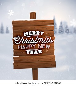 Winter Background. Blurred Landscape with Snow Drifts, Snowfall and Christmas Trees in the distance. Holiday Vector Illustration with Snowflakes, Sky and Xmas Label. Wooden Plaque with Christmas Label