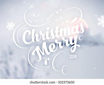 Fondo invernal. Paisaje borroso con nevadas, nevadas y árboles de Navidad a lo lejos. Ilustración vectorial de vacaciones con copos de nieve, Sky y Xmas Label.