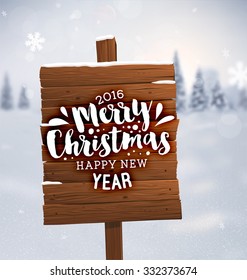 Winter Background. Blurred Landscape with Snow Drifts, Snowfall and Christmas Trees in the distance. Holiday Vector Illustration with Snowflakes, Sky and Xmas Label. Wooden Plaque with Christmas Label