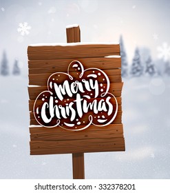Winter Background. Blurred Landscape with Snow Drifts, Snowfall and Christmas Trees in the distance. Holiday Vector Illustration with Snowflakes, Sky and Xmas Label. Wooden Plaque with Christmas Label