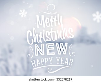 Winter Background. Blurred Landscape with Snow Drifts, Snowfall and Christmas Trees in the distance. Holiday Vector Illustration with Snowflakes, Sky and Xmas Label.