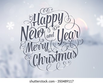 Winter Background. Blurred Landscape with Snow Drifts, Snowfall and Christmas Trees in the distance. Holiday Vector Illustration with Snowflakes, Sky and Xmas Label.