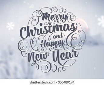 Winter Background. Blurred Landscape with Snow Drifts, Snowfall and Christmas Trees in the distance. Holiday Vector Illustration with Snowflakes, Sky and Xmas Label.