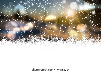 Winter background with bokeh, shines and snowflakes for Merry Christmas and Happy New Year greeting card - place for your text. Vector illustration.