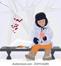  In the winter background, a boy sits on a bench and holds a toy hare in his hands .