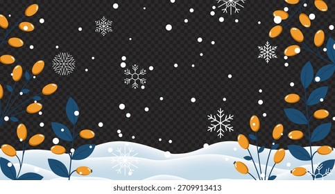 Winter background with branches and berries. Falling snow with snowflakes. Winter snowy background for banner, poster, wallpaper, greeting card, advertising