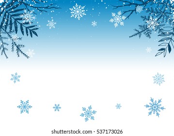 Winter background with branches and snowflakes. Vector illustration of snowy scene for greeting cards backdrop.