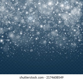Fondo invernal con copos de nieve brillantes. Cae nieve realista sobre fondo transparente. Patrón de invierno transparente. Copos de nieve realistas, nieve navideña, polvo blanco y ventisca.