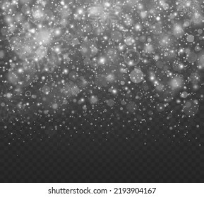 Winter background with bright snowflakes. Realistic falling snow on transparent background.