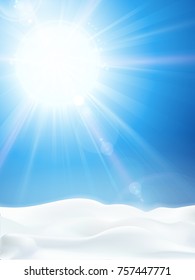 Fondo invernal con sol brillante en un cielo azul claro y paisaje nevado