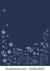 Winter background for the card. Vector illustration. Hares, snowflakes, berries, branches of coniferous trees. Frosty mood. For children.