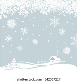 Winter background with cartoon house. Christmas vector illustration