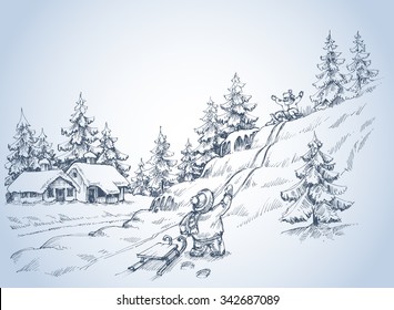 Winter background, children at play in the snow, pine forest sketch