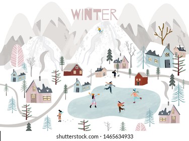 Winter background with children are playing ice skate in the village.Poster vector with activity of people.Editable element