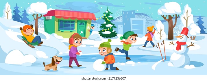 Winter background with children playing outside in a city park. Christmas landscape: happy kids with a dog make a snowman, skate, ski, sled and throw snowballs. Cartoon style vector illustration.