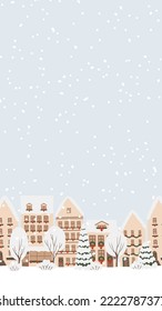 Winter background, Christmas city illustration, Winter landscape clipart, Decorated houses vector in flat style, illustration with fir tree and snowman in forest, Printable christmas cards.