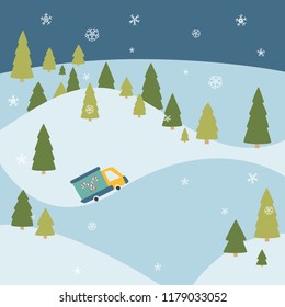 Winter background Christmas. Colorful cars in the snow. Vector Flat Illustration