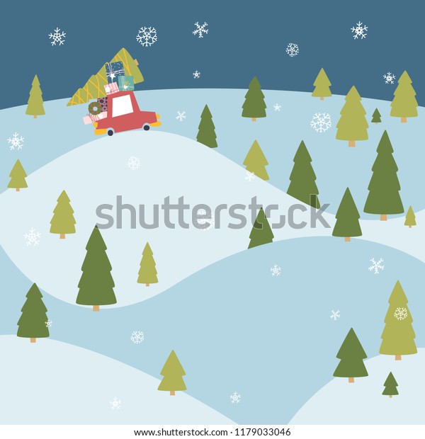Winter background Christmas. Colorful cars\
in the snow. Vector Flat\
Illustration