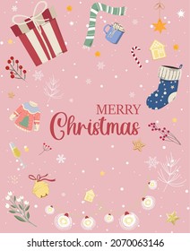 Winter background with Christmas decorations and Merry Christmas lettering. Merry Christmas postcard. New Year's background.