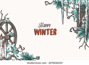 Winter background for christmas. Ice snow design with lantern, snowdrift and wheel, candle for holiday new year