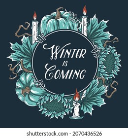 Winter background for christmas party. Ise flyer with pampkin, leaf, skeleton hand and candle for winter holiday new year