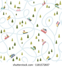 Navidad de fondo invernal con un camino y camiones lindos. Ilustración plana vectorial