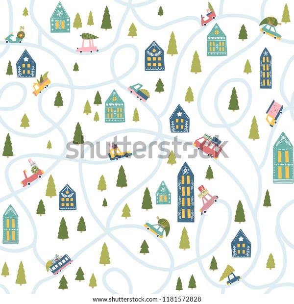 Winter background Christmas with a road and cute\
cars. Vector Flat Childish hand-drawn illustration in simple\
cartoon style.
