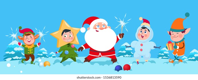 Winter background. Christmas Santa vector illustration. Happy cartoon kids and Santa Claus with sparklers