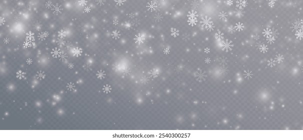 Fundo de inverno, flocos de neve de Natal em um fundo transparente. Flocos de neve, fundo de neve. Pesada queda de neve, flocos de neve em diferentes formas e formas. 