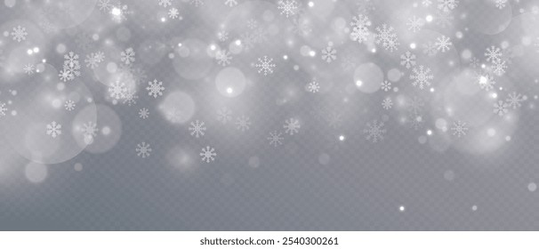 Fundo de inverno, flocos de neve de Natal em um fundo transparente. Flocos de neve, fundo de neve. Pesada queda de neve, flocos de neve em diferentes formas e formas. 