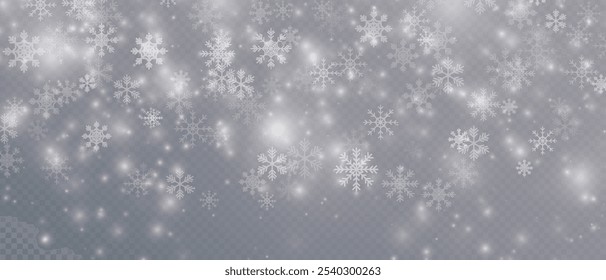 Fundo de inverno, flocos de neve de Natal em um fundo transparente. Flocos de neve, fundo de neve. Pesada queda de neve, flocos de neve em diferentes formas e formas. 