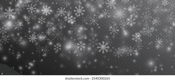 Fundo de inverno, flocos de neve de Natal em um fundo transparente. Flocos de neve, fundo de neve. Pesada queda de neve, flocos de neve em diferentes formas e formas. 