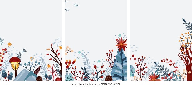 Fondo invernal con árbol de Navidad, bayas, guirnaldas, hojas coloridas, árboles y otros. Composiciones de invierno. Perfecto para tarjetas de felicitación, afiches, postales, banner. Vector.