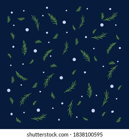 Winter background Christmas tree branches with snow. Vector background for the New year hand-drawn on a dark background. Pattern for greeting cards or paper for gifts in the style of flat. Happy new