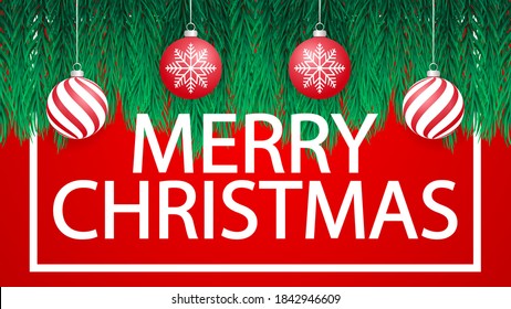 Winterhintergrund mit Weihnachtsbaumzweigen, verschiedenen Symbolen und Weihnachtsbällen.Frohe Weihnachtskarte. Vektorgrafik.Horizontale Weihnachtsposter, Karten, Kopfzeilen, Website.