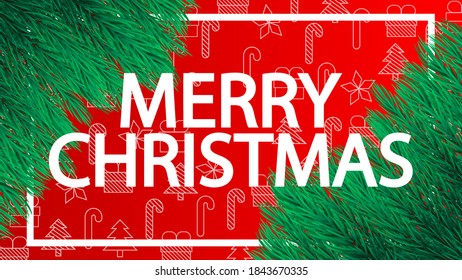 Winter background with Christmas tree branches and various icons .Merry Christmas card. Vector Illustration.Horizontal christmas posters, cards, headers, website.