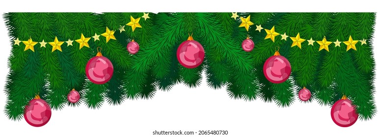 Winter background. Christmas tree branches with decorations. Fir garland, frame. For New Year's cards, banners, headlines, posters.