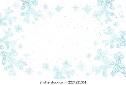 Winter background with Christmas tree branches, snow and snowflakes  and a place for the inscription for greeting cards, insragram post, banners, posters, isolated vector illustration