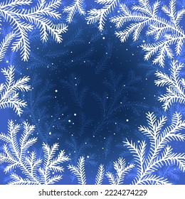 Winter background with Christmas tree branches, snow and snowflakes  and a place for the inscription for greeting cards, insragram post, banners, posters, isolated vector illustration