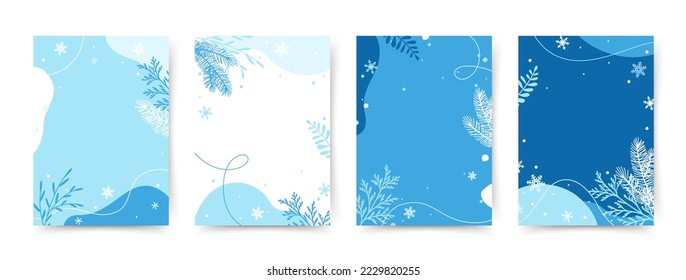 Winter background with Christmas tree branches, blue flowers, snowflakes. Merry Christmas banner template. Vector design of christmas elements for greeting card, cover, social media post