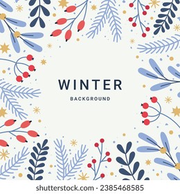 Winter background with Christmas tree branches, floral element, berries, holly, snowflakes. Hand drawn floral elements. Vector illustration for poster, wallpaper, banner, greeting card.